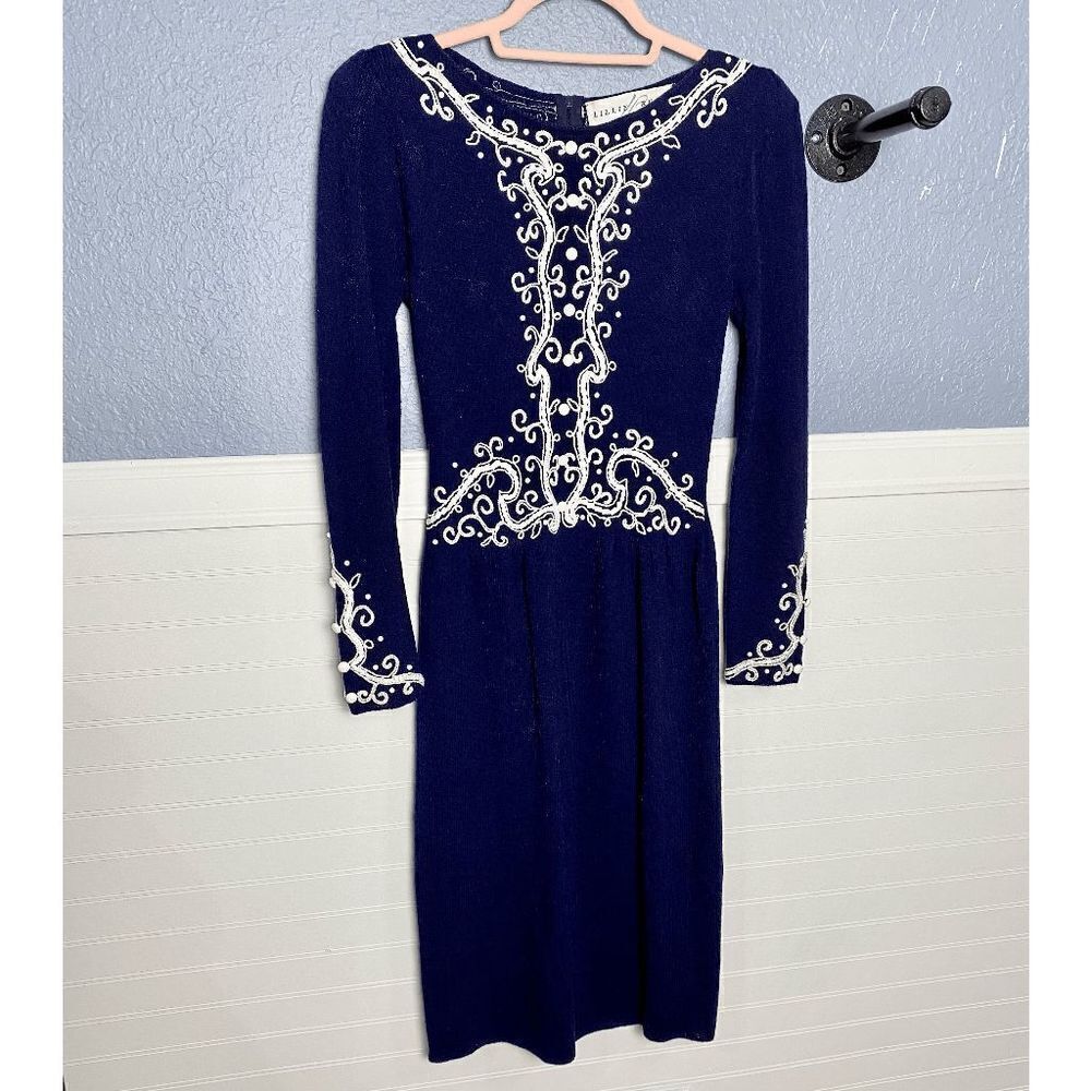 Lillie Rubin Vintage Blue Wool Dress with White Soutache Embroidery